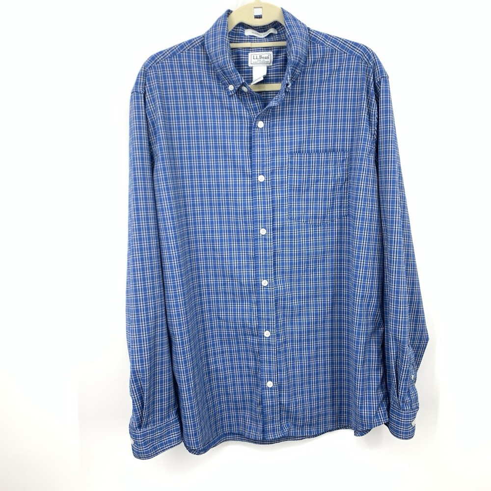 LL Bean Men Size XL Shirt Button Down Top Blue Checkered Plaid Nylon Stretch